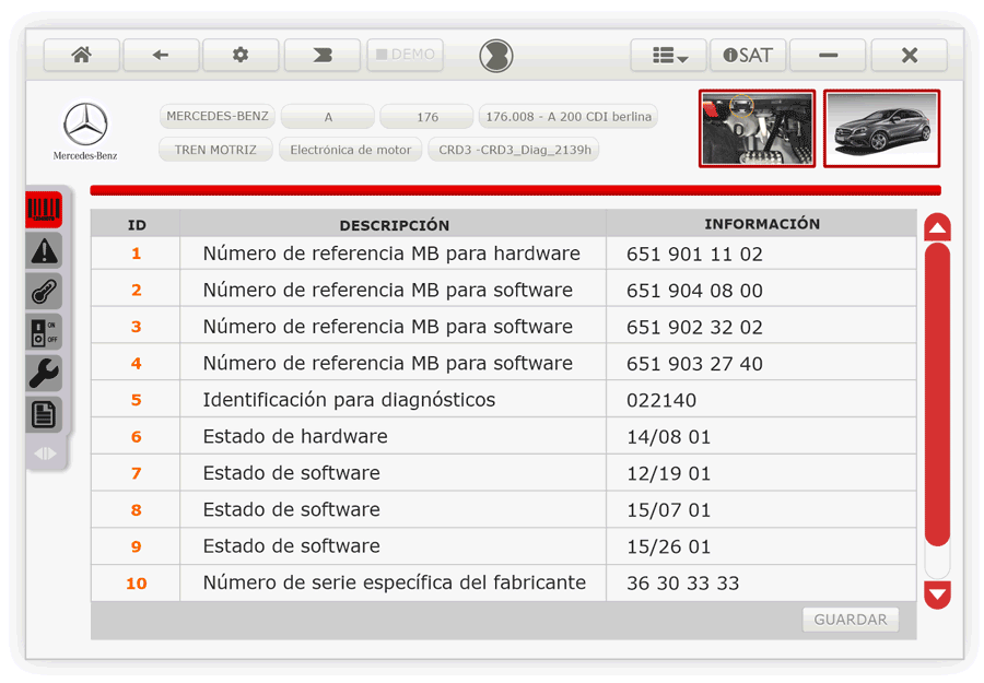 Bertondata. Pantalla de identificación del vehículo
