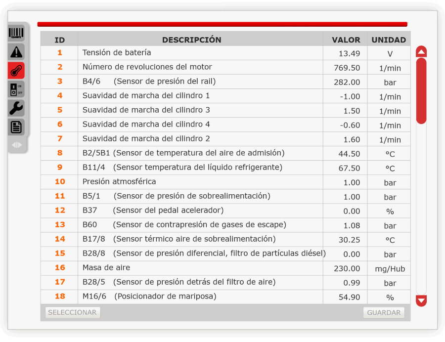 Bertondata. Pantalla de parámetros