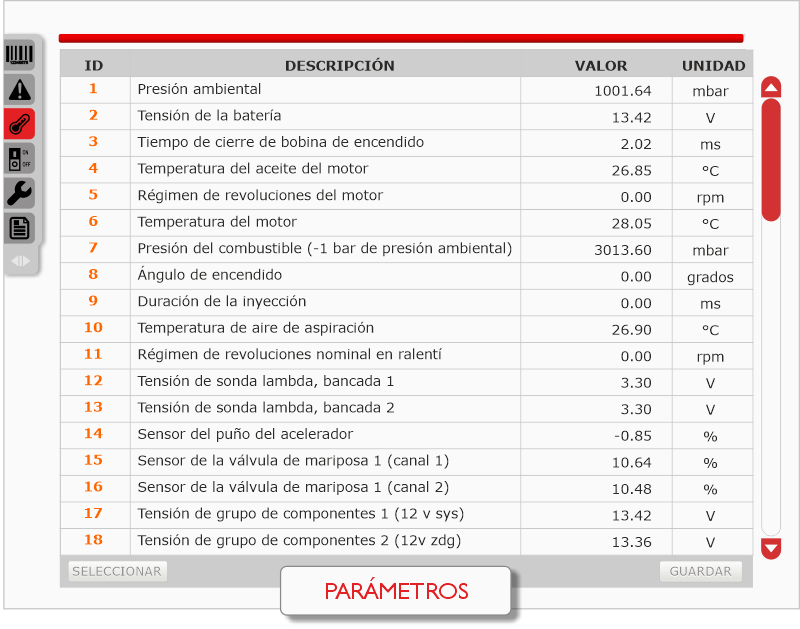 Pantalla de parámetros de Bertondata BIKE
